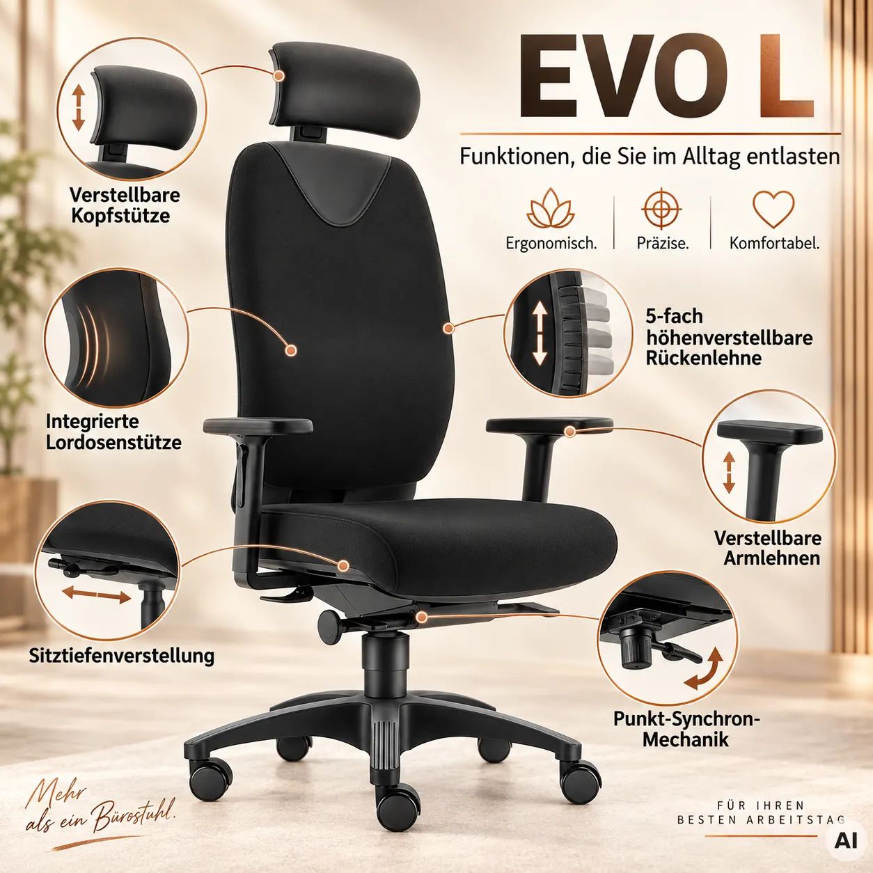 Evo L mit Kopfstütze - Profi Drehstuhl